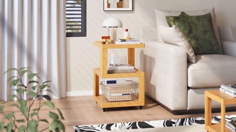 ZIYOO 3-Tier Solid Wood Mobile Side Table with Wheels, Wooden Night Stand, Unique Floating Design Storage Organizer for Bedroom, Living Room, Small Spaces, Natural Bamboo