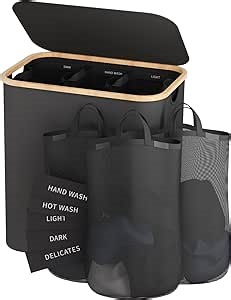 Laundry Hamper 3 Section, 145L Dirty Clothes Hamper with Lid, Extra Large Laundry Basket Organizer with Removable Inner Bags & Labels for Laundry Room, Bedroom, Dark Grey