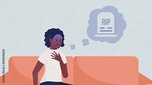 Animated scared girl character. Scare of dying. Death anxiety attack. Full body flat person on grey background with alpha channel transparency. Colorful cartoon style HD video footage for animation