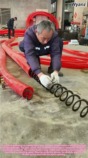 worker inserting long spring into red pipe for cleaning | daily maintenance routine