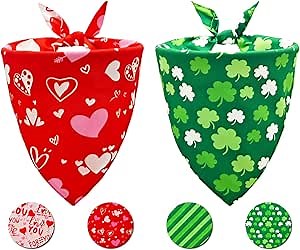 Valentine's & St. Patrick's Day Dog Bandana Set 2PCS-Large, Holiday Party Costumes, Pet Scarves for Boys and Girls, Dog Outfit Gifts for Medium to Large Dogs, Diverse Festive Styles