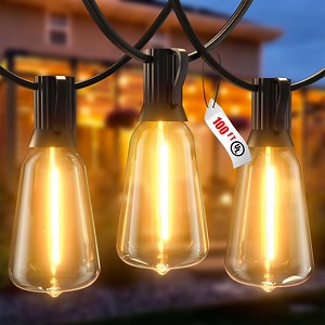 100FT Outdoor String Lights, LED Patio Lights with 52 Vintage Shatterproof ST38 Edison Bulbs, Outside Hanging Lights Waterproof for Camping, Porch, Deck, Garden, Backyard, Balcony, 2700K