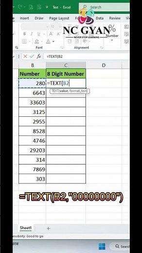 Excel Trick: Number ko Fixed 8 Digit me Kaise Banaye! #ncgyan