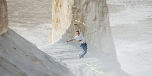 Watch Jaan Roose slackline across the 'fangs' of Kazakhstan's ancient ocean