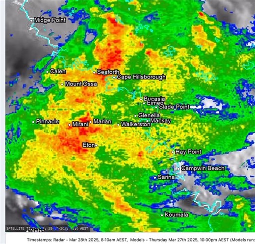 The convergence zone in the Mackay and Whitsundays district is edging ever so slowly southwards, increasing rainfall rates dramatically for those in its path. Mackay City is entering the peak convergence zone now. Those just to the north and west would likely want it to shift on with intense rainfall occurring for several hours. | Weather IQ