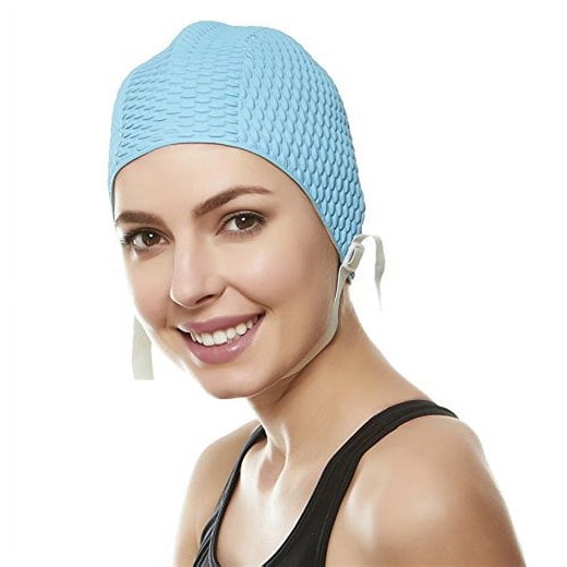Beemo Swim Bathing Caps for Women or Girls Retro Style Latex Bubble Crepe Swimming Hat with Chin Strap for Long or Short Hair - Light Blue - Walmart.ca
