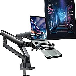 AVLT Laptop and Monitor Arm - Mount 15.6" Notebook and 38" Monitor on 2 Full Motion Adjustable Arms - Organize Your Work Surface with Ergonomic VESA Monitor Mount