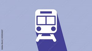 White Train and railway icon isolated on purple background. Public transportation symbol. Subway train transport. Metro underground. 4K Video motion graphic animation