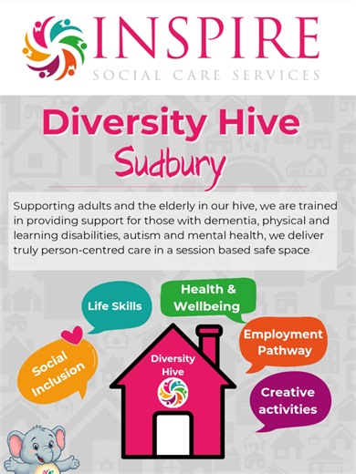🌟 Introducing The Diversity Hive in Sudbury A warm, inclusive space supporting adults and elderly with care that truly connects. Our trained team supports individuals with dementia, physical disabilities, learning disabilities, autism, and mental health needs. Every session at The Diversity Hive is built around person centred care, offering a safe, uplifting environment where everyone is valued, understood, and empowered. We proudly offer: • Health & Wellbeing sessions • Life Skills development
