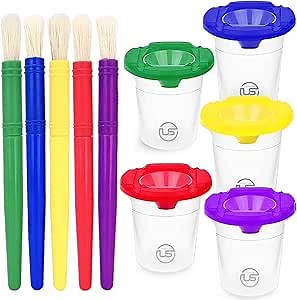 Ultimate Stationery Paint Cups with Lids for Kids – 5 Paint Containers with Lids, 5 Toddler Paints Brushes – Toddler Art Supplies No Spill Painting Cups