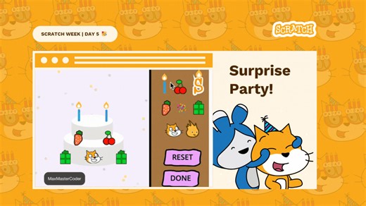 It has been an incredible #ScratchWeek with over 4,000 projects shared by Scratchers worldwide! We’re wrapping up the celebration with a surprise party: don’t tell Scratch Cat! 🤫 https://scratch.mit.edu/studios/37071074/ | Scratch