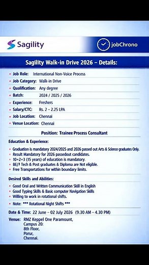 #sagility Sagility Walk‑in Drive 2026 – International Non‑Voice Process #walkindrive #jobs #viral