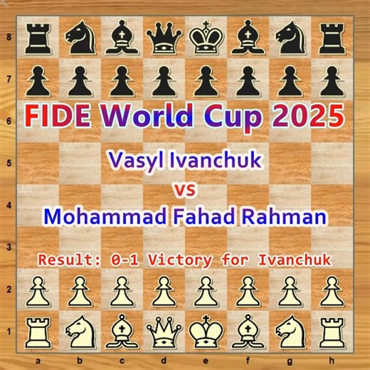 🔥 Ivanchuk Still Got It! ⭐ 🇧🇩 Mohammad Fahad Rahman vs. 🇺🇦 Vasyl Ivanchuk 🏆 FIDE World Cup 2025 – Round 1, Game 1 📅 November 1, 2025 ♟️ Opening: Queen’s Indian Defense 🎯 Elo Ratings: 🇧🇩 Mohammad Fahad Rahman (2416) vs. 🇺🇦 Vasyl Ivanchuk (2616) 🏁 Result: 0-1 Victory for 🇺🇦 Vasyl Ivanchuk #FIDEWorldCup #VasylIvanchuk #Chess #Ukraine #Bangladesh | The Pawn