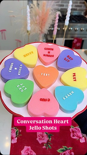 Proud of myself for pulling this off. These conversation heart jello shots are so cute! I went through many trials to get the recipe right and I think I finally nailed it. Enjoy! 💕CANDY HEART JELLO SHOT RECIPE (Makes 12 large hearts) -2 silicone heart molds -1 box pink jello (I used pink Starburst) -2 packets unflavored gelatin -1.5 cups water -1.5 cups v0dka -14 oz can sweetened condensed milk (I used half the can to start, then added 1 TBSP at a time to the individual bowls to get them to the