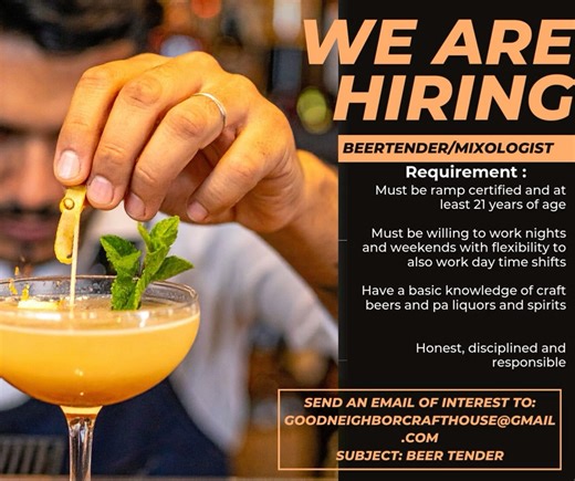 Neighbors we have positions available for both daytime and evening dishwashers, with both part-time and full time hours available. As well as, daytime and evenings hours, both full and part time for line cooks. If you are a bartender looking for extra shifts we got them for you as well. contact us at: goodneighborcrafthouse@gmail.com | Good Neighbor Craft House