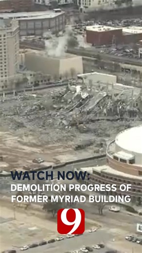 DEMO UPDATE: Aerial footage shows crews continuing demolition at the former Myriad / Cox Convention Center. Debris removal is ongoing, with several months of work still ahead before the project is complete. | KWTV - NEWS 9