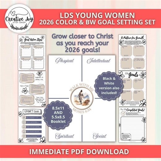 LDS Young Women 2026 Goal Setting Printable | Walk With Me Theme | Goal Tracker | Youth Goal Planner & Reflection Pages | Color   BW PDF - Etsy