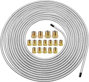 weideer 25 ft 1/4" Brake Line Tubing Kit - Flexible Zinc Coated Alloy Brake Line Tubing Coil with 16 Inverted Flare Fittings SAE Standard for Hydraulic Fuel Transmission System-Silver