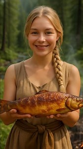 Beautiful Girl Presents Golden Grilled Trout Primitive Cooking ASMR
