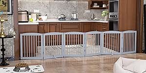 Freestanding Pet Gate for Dogs, Foldable Wooden Dog Gate for House, Extra Wide Indoor Pet Barrier for Stair, Doorway, Hall, Support Feet Included, 120 Inch Wide, 6 Panels 24", Grey