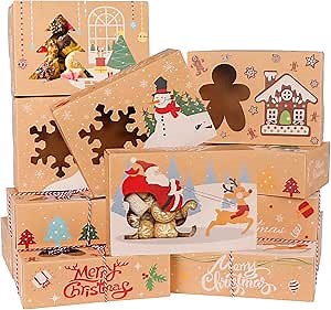 OurWarm 12 Pack Christmas Cookie Boxes for Gift Giving, Large Christmas Cookie Tins Holiday Bakery Treat Boxes with Window, Kraft Paper Food Packaging Containers for Christmas Xmas Party Supplies