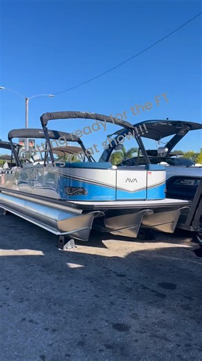 Avalon Pontoons lined up and ready for load in to the GoBoatingFloridaFt Myers boat show with Mercury Marine #wmfwatercraftandmarine #Fastpontoon #WMFwatercraft #pontoonboat #AvalonPontoons #pontoonlife | WMF Watercraft & Marine