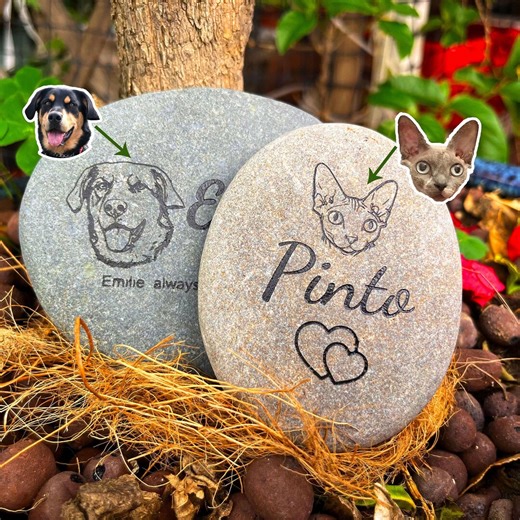 Personalized Pet Portrait Memorial Stone, Custom Dog Paw Print Memorial Pebble, Engraved Cat Tribute, Pet Natural River Rock Memorial - Etsy