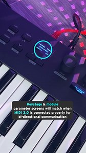 KORG How To: Syncing your KORG modules & KORG Keystage with MIDI 2.0 😎 Follow these simple steps below & you'll be on your way! 👉 Grab two 5-pin MIDI cables for MIDI 2.0 bi-directional communication 👉 Connect the first MIDI Cable into MIDI OUT of the module and into MIDI IN on Keystage 👉 Connect the second MIDI Cable into MIDI OUT of Keystage and into MIDI IN on the module 👉 Select "performance sound" on a module 👉 Power on your Keystage Then your keystage and module parameter screens will