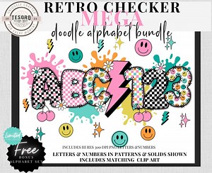 Checker Doodle Alphabet Bundle |checker & Smiley Letters |retro Font Clipart |sublimination | Teacher PNG School Bulletin Board Class Decor - Etsy