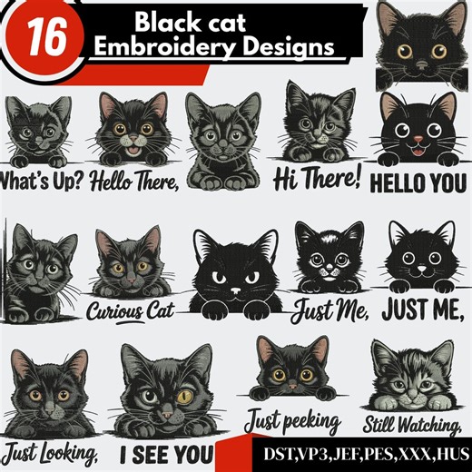 Black Cat Embroidery Design, Cute Cat Embroidery, Kitten Animal Motif, Happy Cat Embroidery, Cat Embroidery, Machine Embroidery Design - Etsy