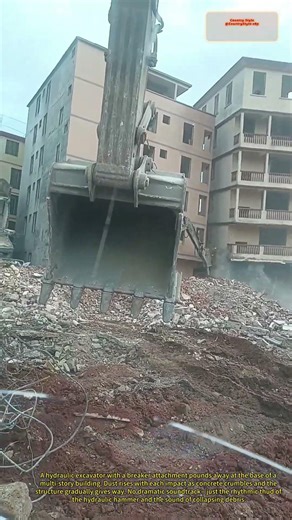 Building Demolition Site: Hydraulic Breaker Taking Down a Multi-Story Structure