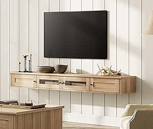 WAMPAT Floating TV Stand for TVs up to 80 Inch, Wooden Floating TV Shelf with Storage Cabinet, Modern Floating TV Shelf Entertainment Center for Living Room, Oak