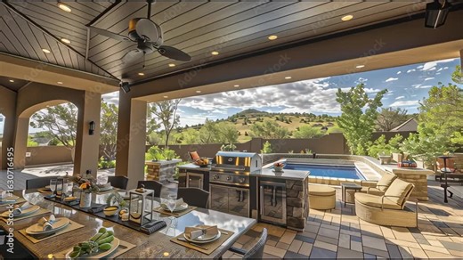 Luxurious outdoor kitchen and dining area featuring stainless steel grill, granite countertops, built-in refrigerator, and cozy seating under a covered patio beside a sparkling pool and lush landscapi