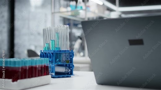 Close up of test tube racks on workbench in sterile empty hospital laboratory. Lab vials with blue liquid in research facility with nobody in used for scientific discoveries