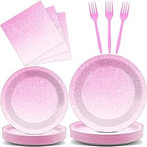 96 Pcs Ombre Pink Party Supplies Set for 24 Guests Gradient Pastel Pink Tableware Plates Dinnerware Table Decorations for Girls Woman Light Pink Sprinkle Wedding Birthday Anniversary Party Favors
