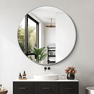 KOCUUY 39" Large Silver Round Mirror, Oversized Wall Mounted Bathroom Metal Framed Circle Mirror, Modern Vanity Circular Mirrors for Wall, Over Sink, Living Room, Bedroom Decor