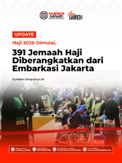 Operasional haji 2026 resmi dimulai dengan keberangkatan kloter pertama dari Embarkasi Pondok Gede, Jakarta. Sebanyak 391 jemaah diberangkatkan menuju Madinah melalui Bandara Internasional Soekarno-Hatta, Rabu (22/4/2026) dini hari. Jemaah diterbangkan menggunakan maskapai Garuda Indonesia setelah menjalani proses persiapan di Terminal 2F, termasuk layanan Makkah Route (fast track) yang memungkinkan proses imigrasi Arab Saudi dilakukan sejak di Indonesia. Pada hari yang sama, total empat kloter