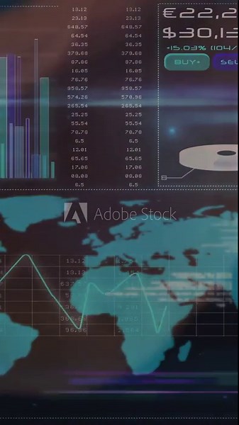 Vertical video: Cyan world map updating in trading UI, receiving live data and showing price swings