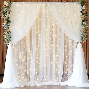 30x8ft White Tulle Backdrop Curtain with Lights String for Parites, Sheer Backdrop Curtains for Wedding Baby Shower Birthday Party Photo Shoot Decorations
