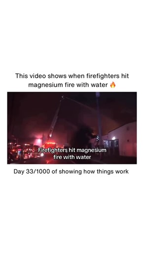 How Things Work on Instagram: "A magnesium fire reacts violently with water because the metal is hot enough to split water molecules apart. When burning magnesium reaches around 3,000°C, it strips oxygen from water and leaves hydrogen gas behind. That hydrogen ignites instantly in the heat of the fire, creating a burst of flame and even hotter combustion. Instead of cooling the fire, water becomes fuel, making the reaction flare brighter and more explosive. This is why magnesium fires are never 