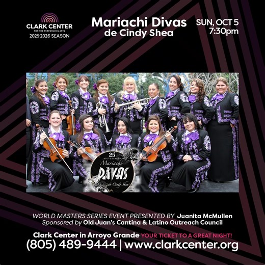 Clark Center Presents Mariachi Divas de Cindy Shea 🎺🌺✨ THE VIDEO HERE HAS AN ERROR! Please visit this post: https://www.facebook.com/reel/1558117018510573 It has the correct information. Sun, Oct 5, 2025 • 7 PM Forbes Hall at the Clark Center, Arroyo Grande World Masters Series event presented by Juanita McMullen Tickets and info: https://clarkcenter.org/shows/mariachi-divas/ | Clark Center for the Performing Arts
