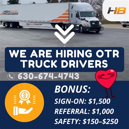 🚛 **WE ARE HIRING TRUCK DRIVERS** 🚛 Looking for steady work, strong miles, and real pay? At **HIGHBOOST CORPORATION**, we give professional drivers the consistency and support they need to succeed on the road. **What we offer** • Up to **0.75 CPM** • Up to **3,500 miles weekly** • Up to **$2,600 weekly** • **2022–2026 Freightliner Cascadia** • No Touch Freight • 1099 Position • Riders and Pets Welcome • Extra Stop **$50** **Why drivers choose Highboost** • Reliable long-haul routes • Driver-fo