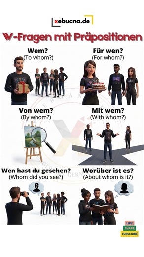 W-Fragen mit Präpositionen Wh-Questions with Prepositions These are German question forms using wer/wen/wem and prepositional forms like für wen, mit wem, von wem, worüber. They help ask about people and things depending on the grammatical case and the preposition used. 👤 Mit wem sprichst du? – Who are you talking with? 🎁 Für wen ist das Geschenk? – Who is the gift for? 📚 Worüber reden wir? – What are we talking about? #learngerman #learngermanonline #deutschkurs #germanlanguage #german #deut