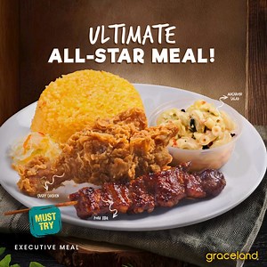 ⭐️ Our ultimate all-star meal brings together your favorites in one winning plate — crispy chicken, smoky pork BBQ, java rice, and creamy macaroni salad. ⭐️ Hearty, tasty, and made to satisfy. Dig into this delicious combo today! #Graceland #GracelandBicol #SoDeliciouslyGood | Graceland