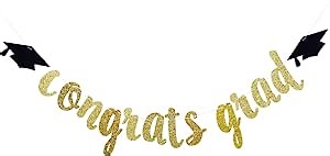 Qttier Congrats Grad Gold Glitter Banner - Graduation Party Decorations, Class of 2026 Decorations