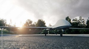 A military predator drone stands on the road and prepares for takeoff. The animation is for military, the weapon or spying backgrounds. View of a military drone spy ready for military action.