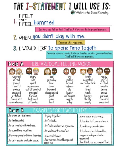 Comment "CALM" if you’d like this step-by-step guide for teaching kids how to use an I-Statement. I used to think teaching I-Statements would be simple. “Just say how you feel.” But in real life, kids either froze, blamed the other person, or jumped straight to “You always…” So I made this visual guide. It walks kids through it clearly. First, say how you feel. Then describe what happened. Then say what you would like instead. And it doesn’t leave them guessing. There’s a full box of feeling wor