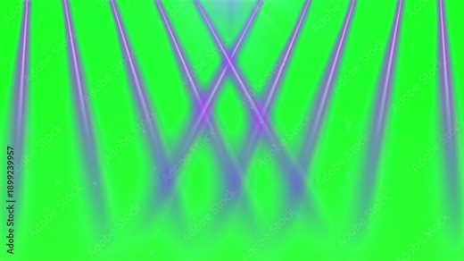 Dynamic array of bright purple stage light beams shining downward against a vibrant green screen background for easy editing and visual effects creation