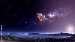 Alien Planet and UFO. On a dark starry sky a planet against the background of a nebula. Bright blue objects (ufo) slowly fly. Over the hazy horizon a bright setting sun. Below them are low mountains.