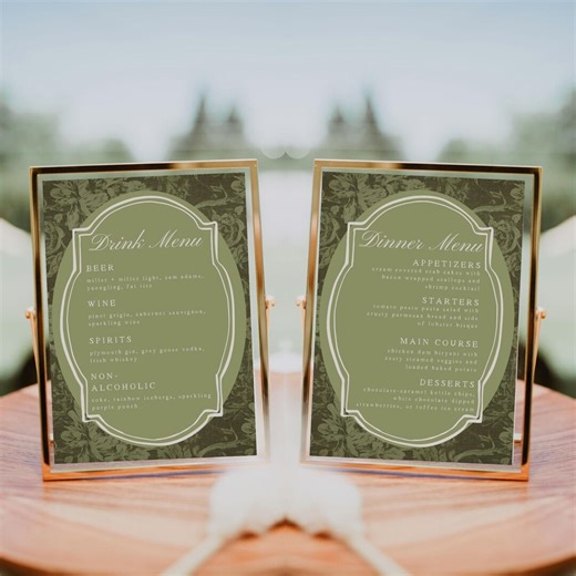 Vintage Green Wedding Menu Sign Set, Dinner and Drinks Menu Sign Bundle, Fully Editable Canva Template, Rehearsal Dinner, Instant Download - Etsy Canada